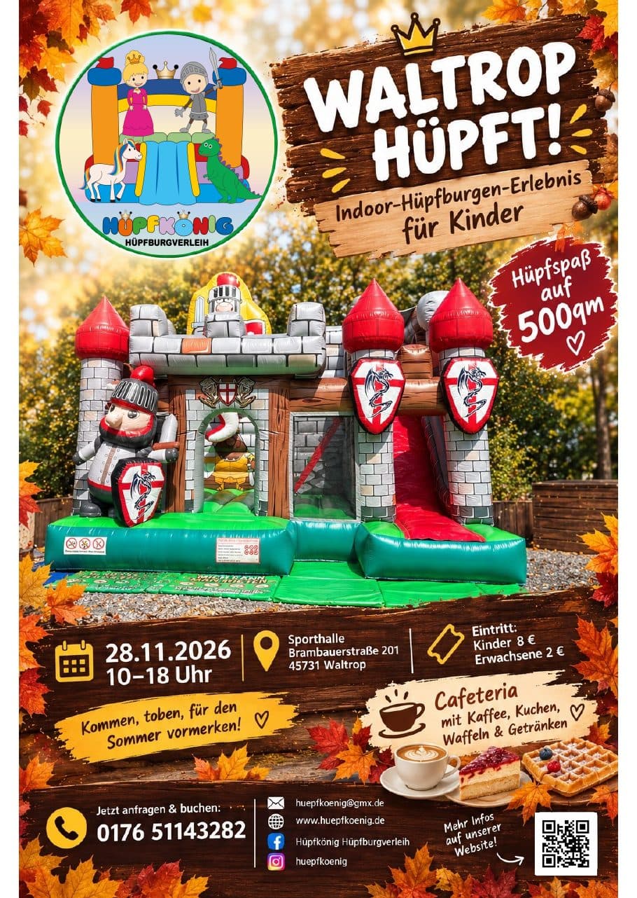 Flyer „Waltrop hüpft!“: Indoor-Hüpfburgen-Erlebnis für Kinder, Samstag, 28. November 2026, 10–18 Uhr, Sporthalle, Brambauerstraße 201, 45731 Waltrop. Eintritt Kinder 8 €, Erwachsene 2 €.
